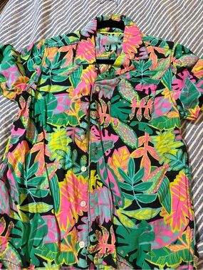 Cat & Jack Tropical Leaf Button-Down Shirt - Green, Pink & Yellow